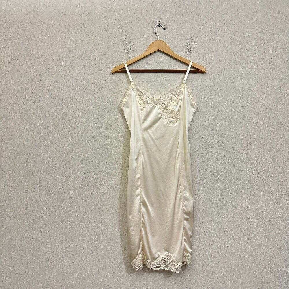 VTG 70s WORKER MAID Lace-Trim Satin Midi Slip Dress Cream UNION WORKER